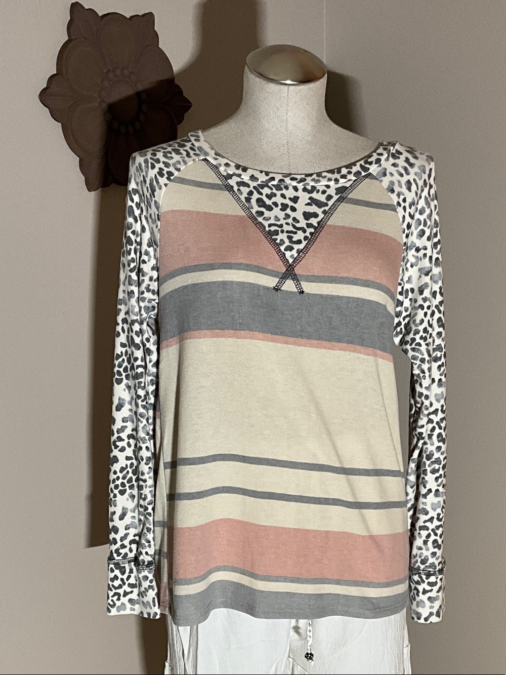 Vanilla Bay Striped Raglan Top - Pink, Gray, Cream